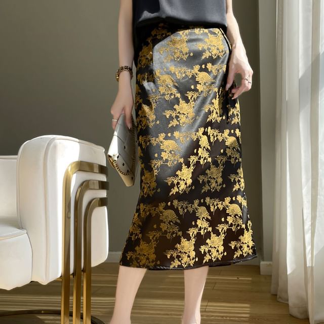 High Waist Floral Print Midi Skirt