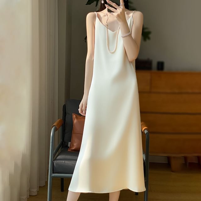 Spaghetti Strap V-Neck Plain Midi A-Line Dress