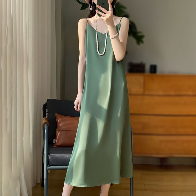 Spaghetti Strap V-Neck Plain Midi A-Line Dress