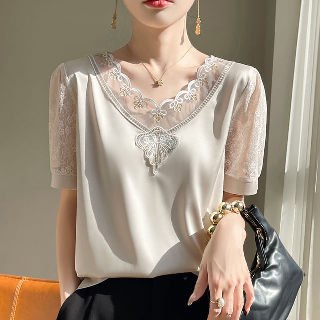 Short Sleeve V-Neck Embroidered Panel Lace Satin Top