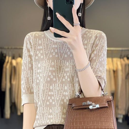 Elbow-Sleeve Crew Neck Patterned Knit Top