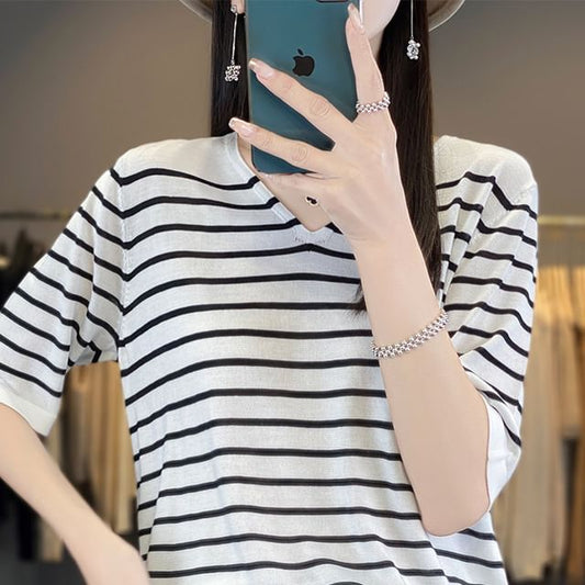 Elbow-Sleeve V-Neck Striped Knit Top