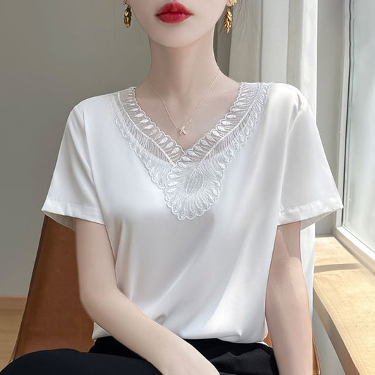Short-Sleeve V-Neck Plain Embroidered Panel Satin Top