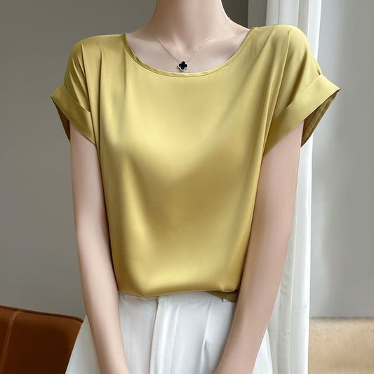Short-Sleeve Round Neck Plain Satin Top