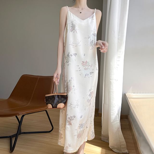 Spaghetti Strap V-Neck Patterned Print Midi A-Line Dress