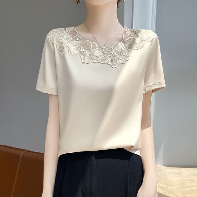 Short-Sleeve Round Neck Plain Embroidered Panel Satin Top