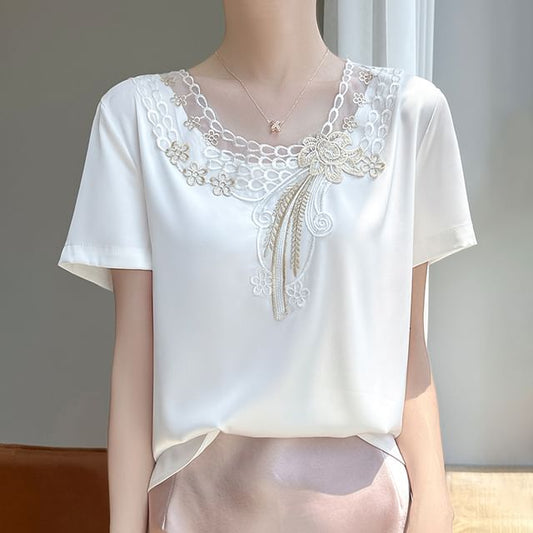 Short-Sleeve Round Neck Embroidered Panel Satin Top