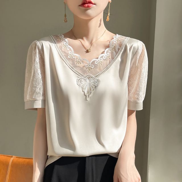 Short Sleeve V-Neck Embroidered Panel Lace Satin Top