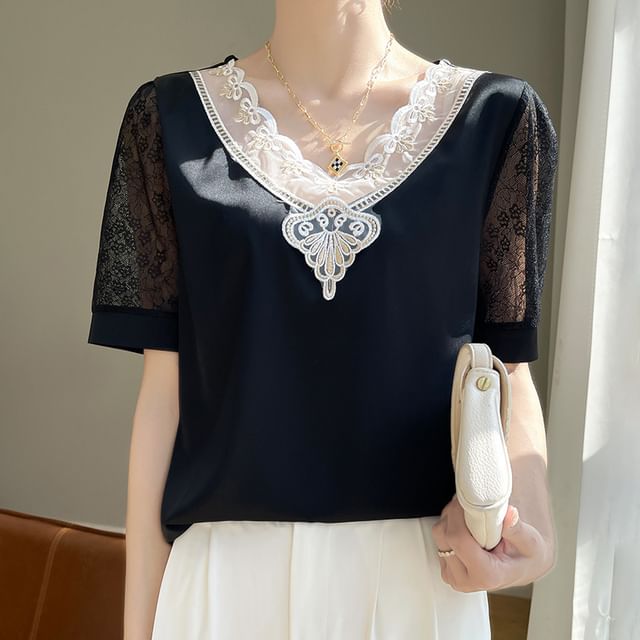 Short Sleeve V-Neck Embroidered Panel Lace Satin Top