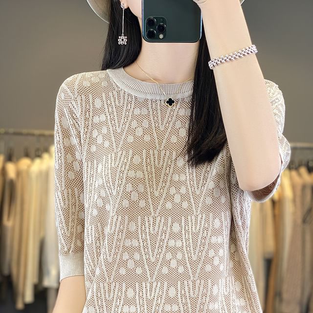 Elbow-Sleeve Crew Neck Patterned Knit Top