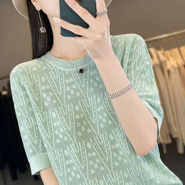 Elbow-Sleeve Crew Neck Patterned Knit Top