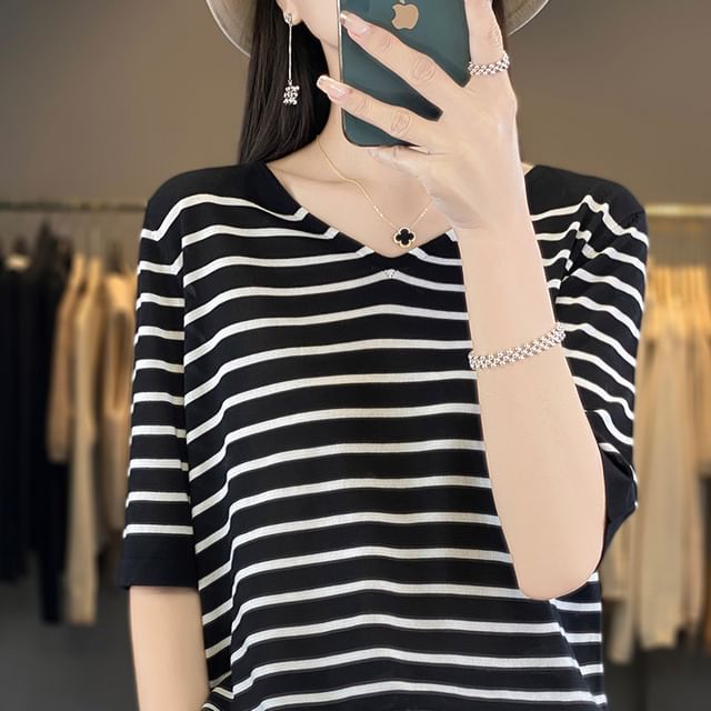 Elbow-Sleeve V-Neck Striped Knit Top