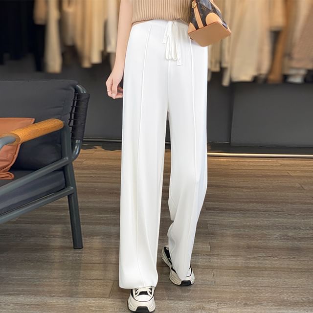 Drawstring Waist Plain Knit Wide Leg Pants