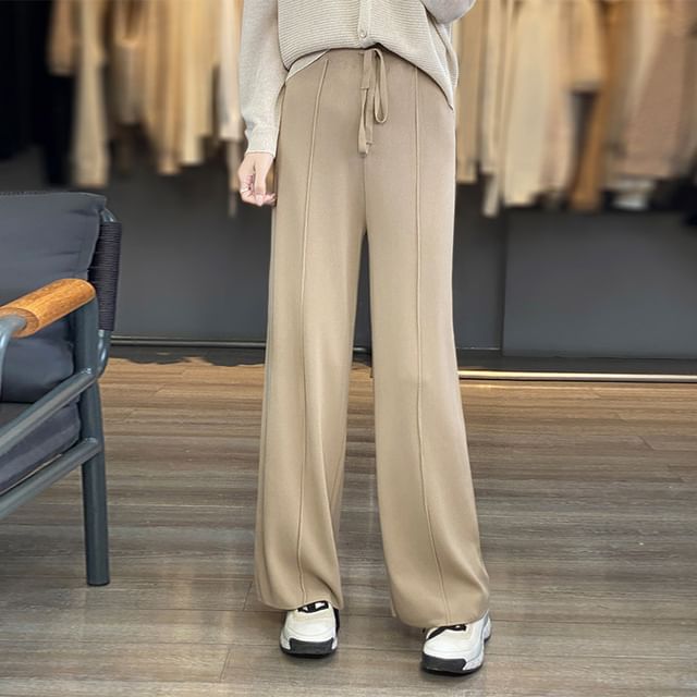 Drawstring Waist Plain Knit Wide Leg Pants
