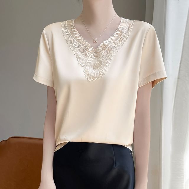 Short-Sleeve V-Neck Plain Embroidered Panel Satin Top
