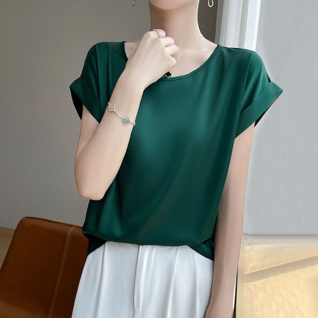 Short-Sleeve Round Neck Plain Satin Top