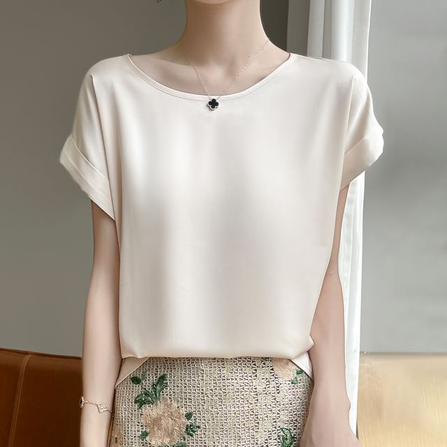 Short-Sleeve Round Neck Plain Satin Top