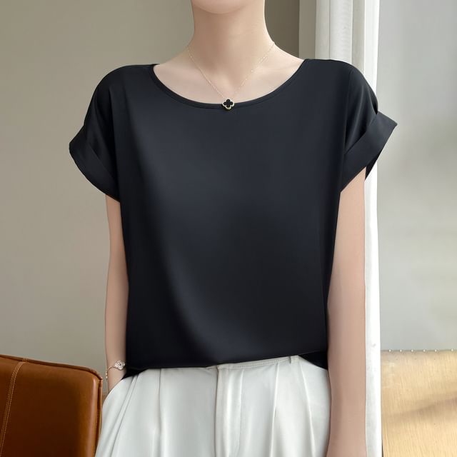 Short-Sleeve Round Neck Plain Satin Top