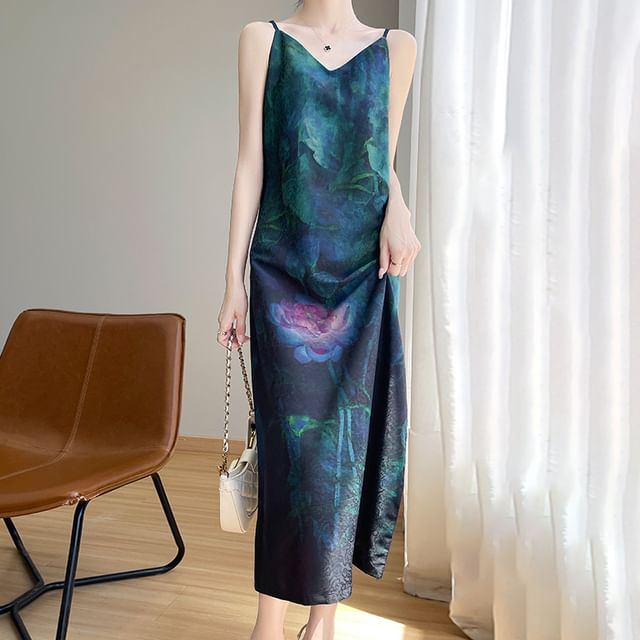 Spaghetti Strap V-Neck Patterned Print Midi A-Line Dress