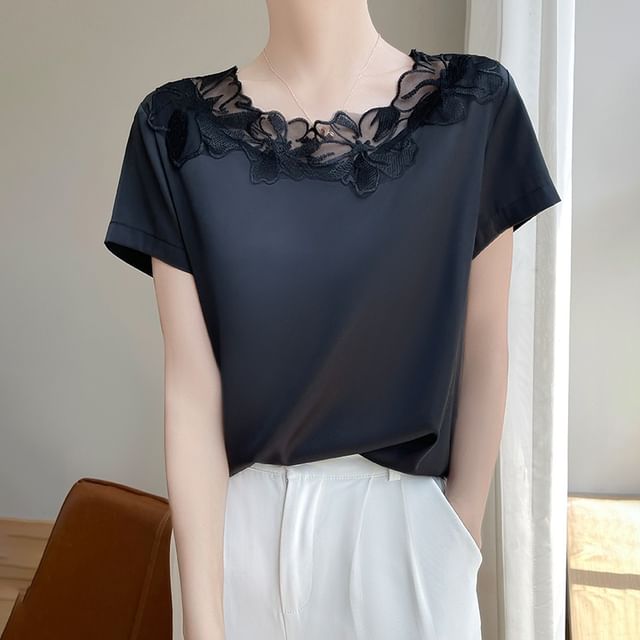 Short-Sleeve Round Neck Plain Embroidered Panel Satin Top