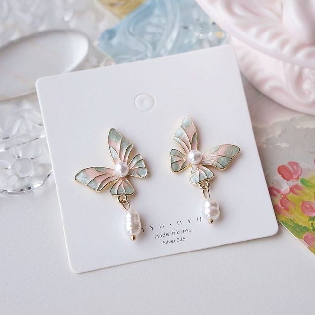/ Butterfly Pearl Faux Earring On Clip Enamel Drop