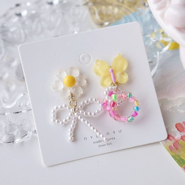 Flower Earring Beaded Drop Clip On / Asymmetrical