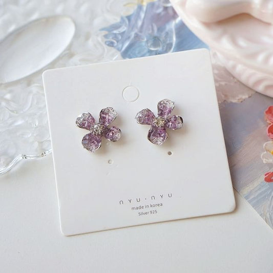 On Earring Stud / Clip Rhinestone Flower