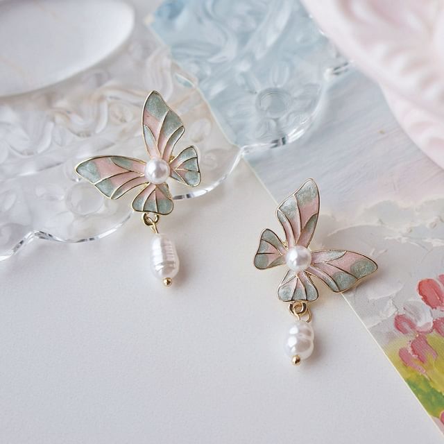 / Butterfly Pearl Faux Earring On Clip Enamel Drop