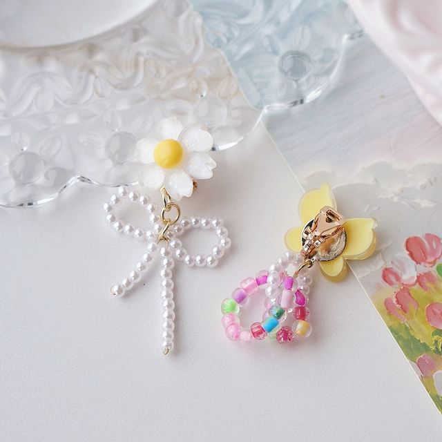 Flower Earring Beaded Drop Clip On / Asymmetrical