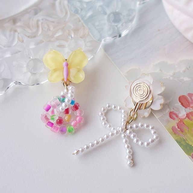 Flower Earring Beaded Drop Clip On / Asymmetrical