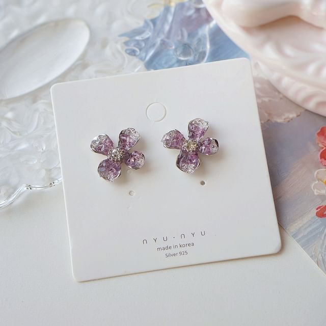 On Earring Stud / Clip Rhinestone Flower
