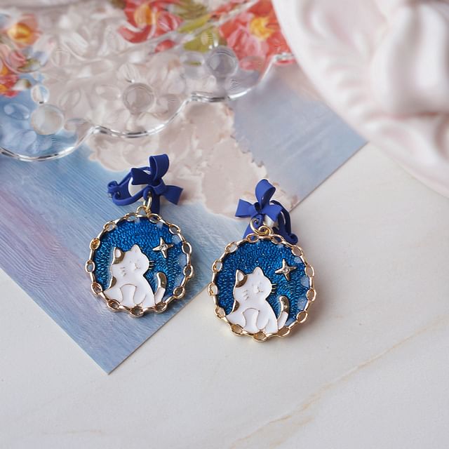 Drop On Enamel Earring Clip Cat Bow /