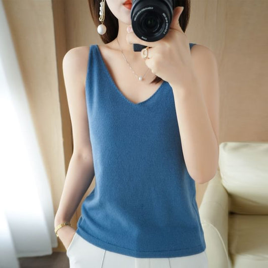 V-Neck Plain Knit Tank Top