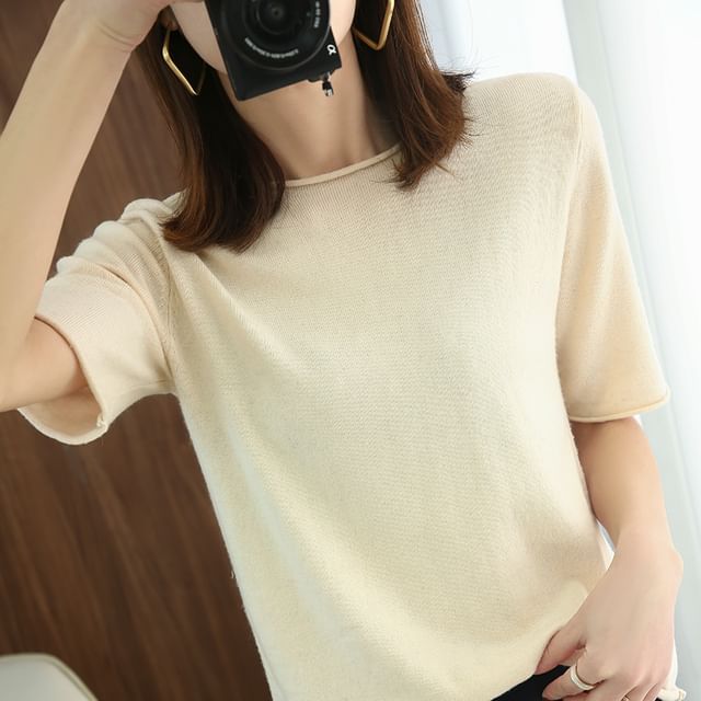 Elbow-Sleeve Round Neck Plain Knit Top