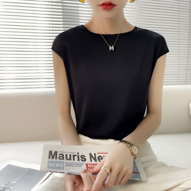 Cap-Sleeve Crew Neck Plain Satin Blouse