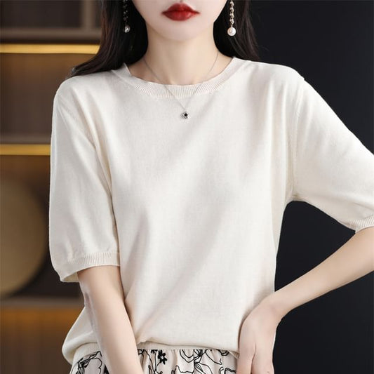 Elbow-Sleeve Crew Neck Plain Knit Top