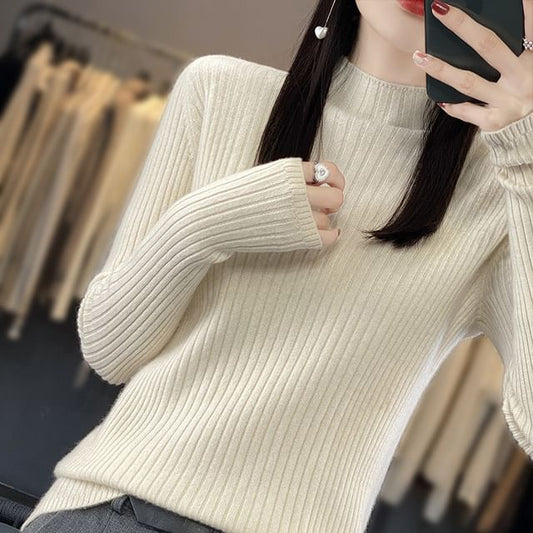 Long-Sleeve Mock Neck Plain Ribbed Knit Top