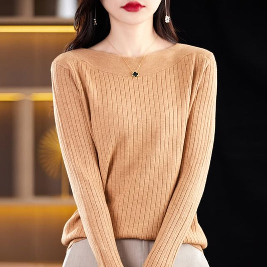 Long-Sleeve Boat Neck Plain Knit Top
