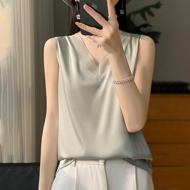 V-Neck Plain Mesh Panel Satin Tank Top