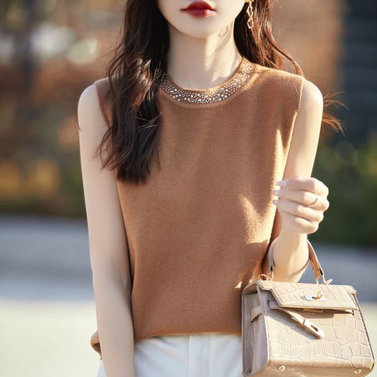 Crew Neck Plain Rhinestone Accent Knit Tank Top