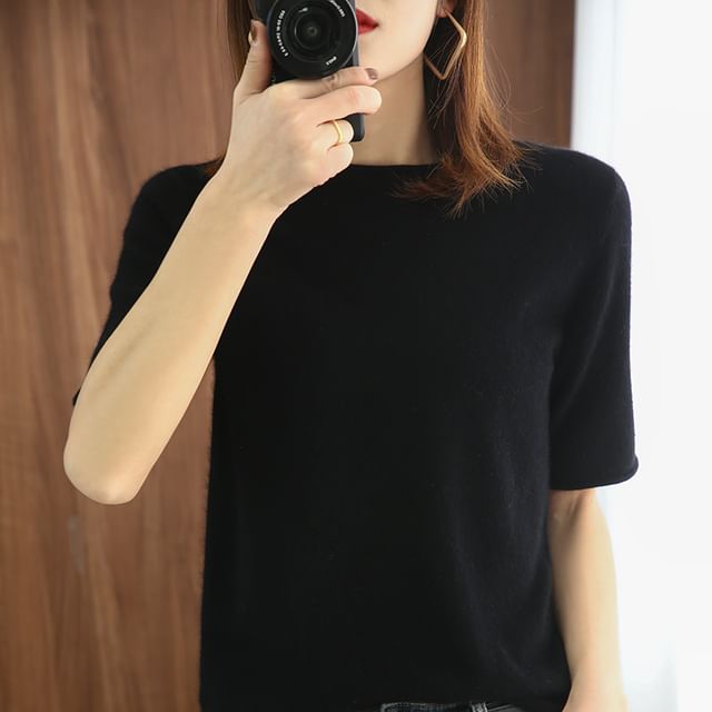 Elbow-Sleeve Round Neck Plain Knit Top