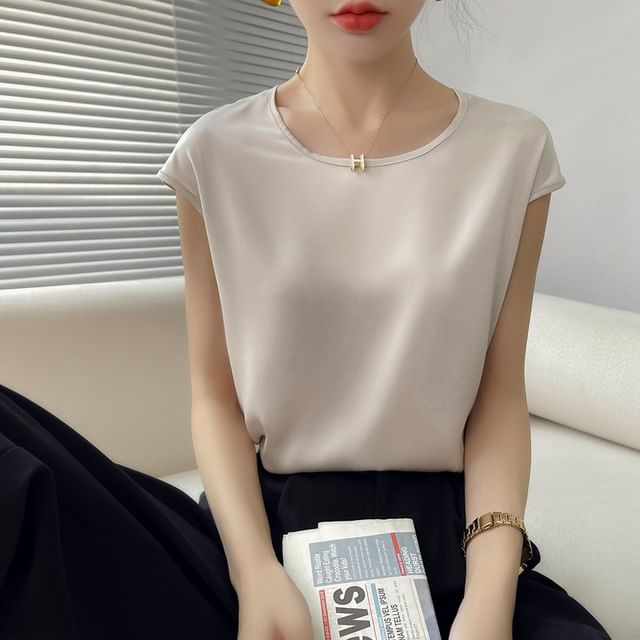 Cap-Sleeve Crew Neck Plain Satin Blouse