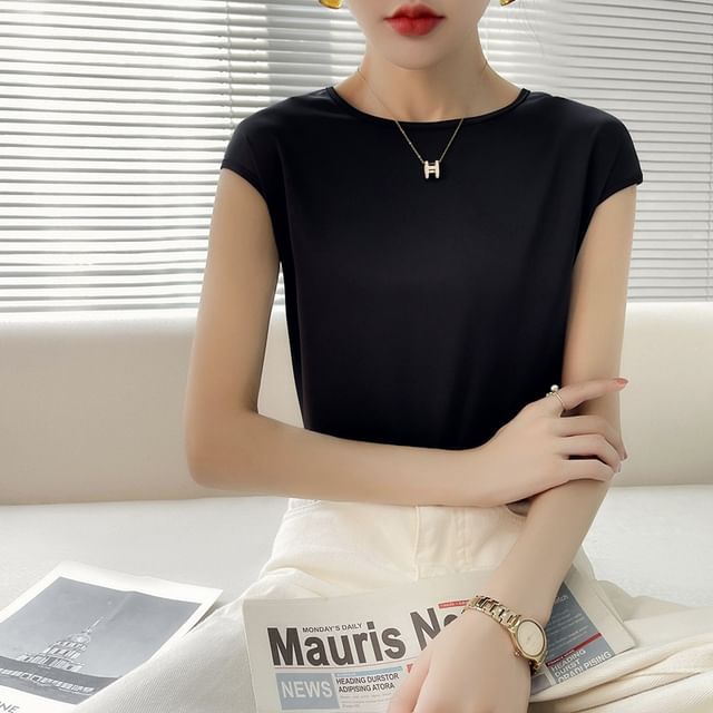 Cap-Sleeve Crew Neck Plain Satin Blouse