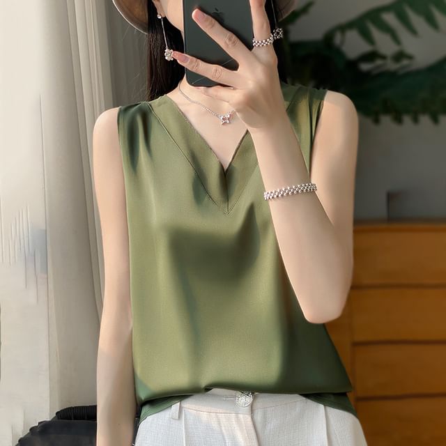 V-Neck Plain Mesh Panel Satin Tank Top