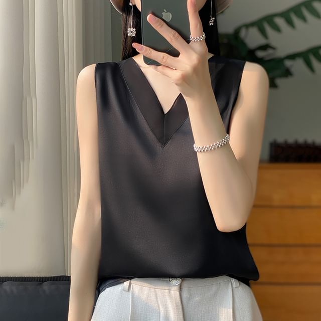 V-Neck Plain Mesh Panel Satin Tank Top