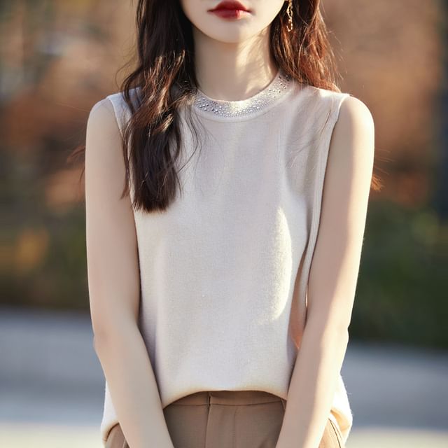 Crew Neck Plain Rhinestone Accent Knit Tank Top