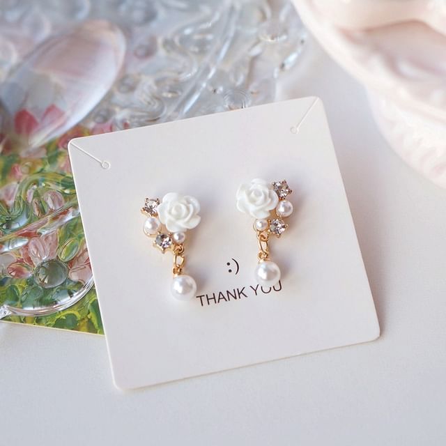 Faux Earring Pearl Rhinestone Clip-On / Drop Floral