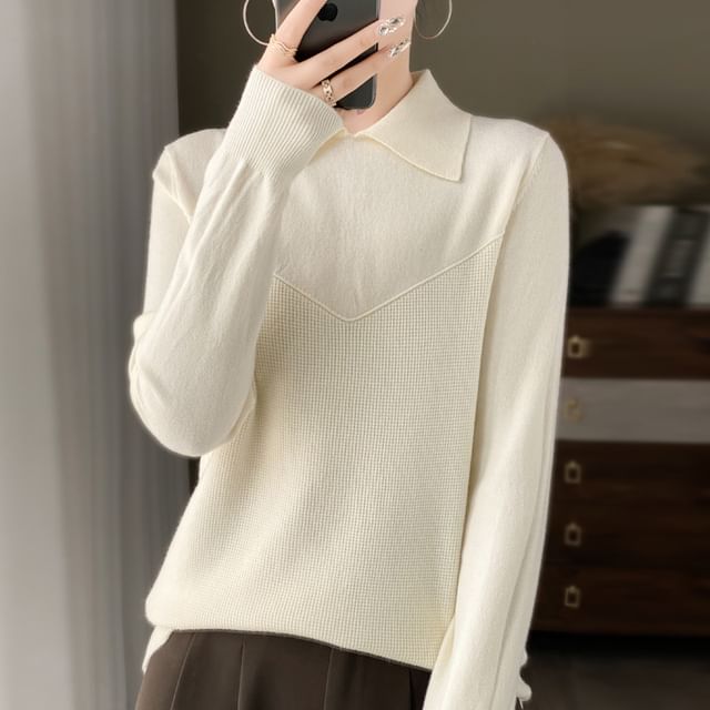 Long Sleeve Collared Plain Knit Top