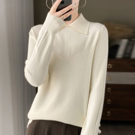 Long Sleeve Collared Plain Knit Top