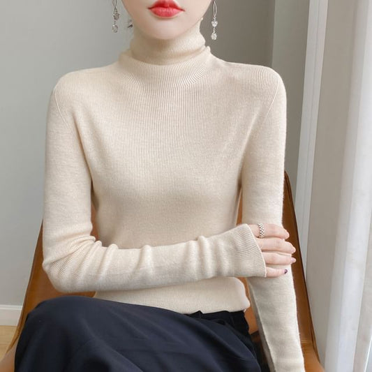 Long Sleeve Turtleneck Plain Ribbed Knit Top